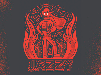 Jazzy character design fire firefighter girl graphic design handlettering illustration jazz lines poster trees