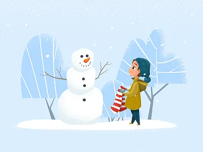 Snowman blue coming girl lady red scarf snowman texture trees white winter