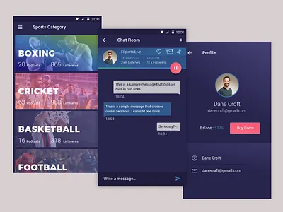 Sportslive android app design chat cricket podcast radio sports user experience