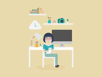 Hello avatar cat design desk flat illustration
