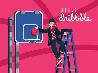 First Shot - Hello Dribbble ball basketball debut dribbble first shot flat hello hoop illustration ladder pink