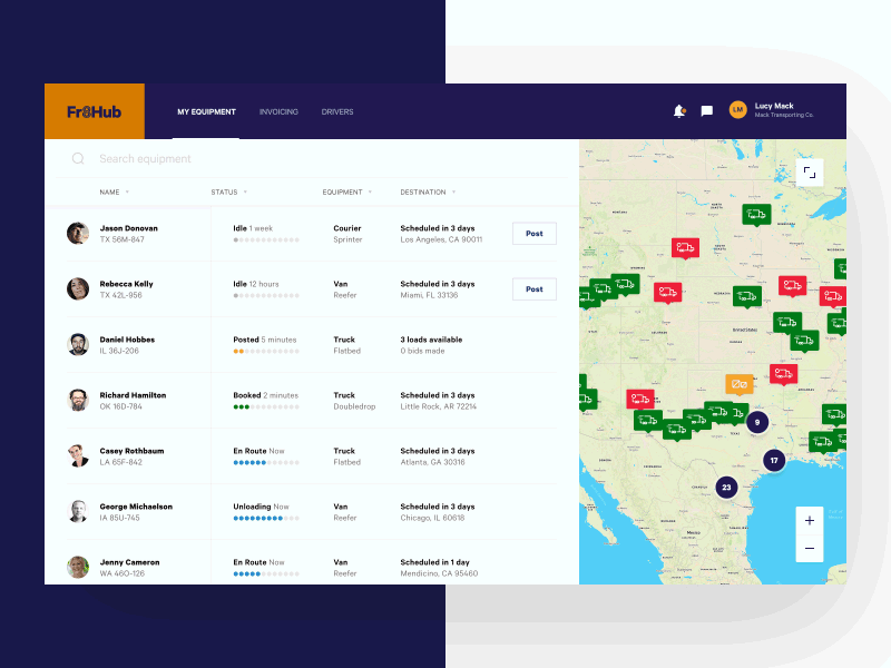 Fr8Hub - Post a load animation app design layout map motion ui ux web