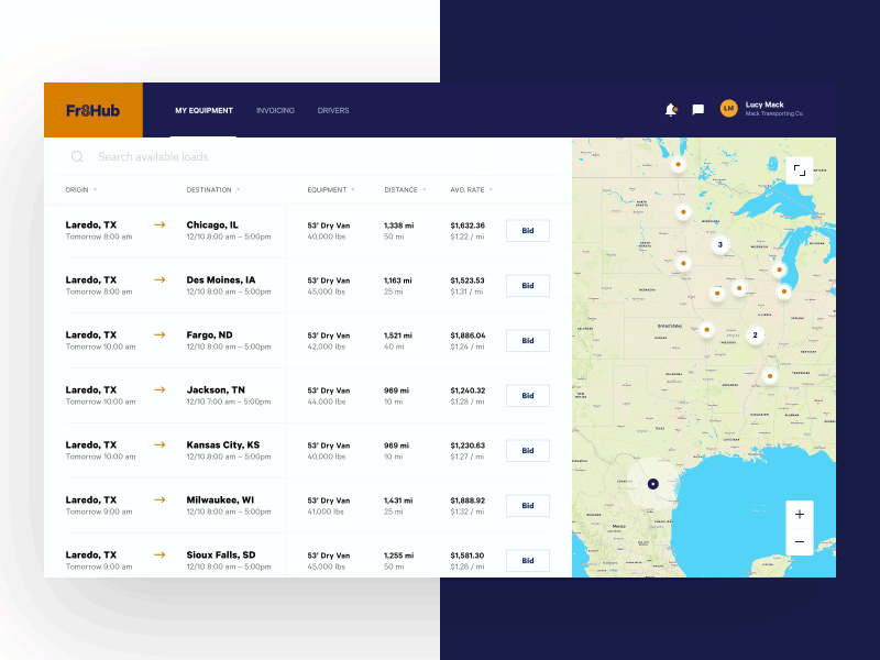 Fr8Hub - Bid on a load animation app design layout map motion ui ux web