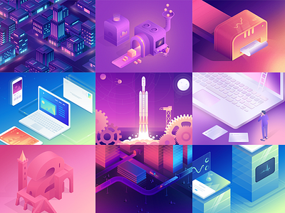 2017 - Set 1 2017 3d city design glow gradient illustration isometric minimal neon