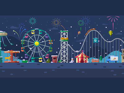 Snowy Amusement Park at Night amusement park colorful ferris wheel fireworks illustration new year night snow theme park vector