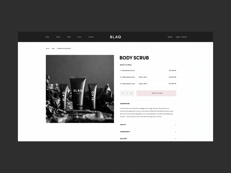 BLAQ Cosmetics E-Shop Body Scrub Page Animation anim beauty black cosmetics e commerce interface product page scrub shop store ui ux