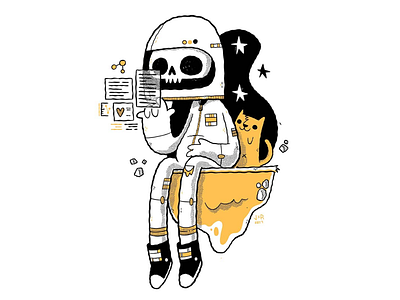 Space Skull and his Feline Friend astronaut blake stevenson cat character design cute cyberpunk illustration jetpacks and rollerskates jetpacksandrollerskates skull space