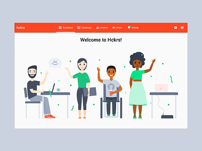 Welcome screen computer confetti desk developer illustration man on boarding people tech welcome woman work