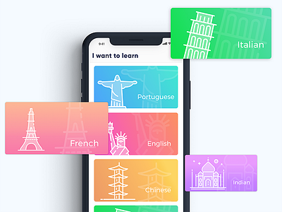 Learn course app card colors course feed fun gradient illustartion ios learn navigation ui