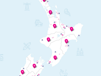 Go Rentals GO Play map redesign accommodation activity blue icon map marker new zealand pin pink rental travel web