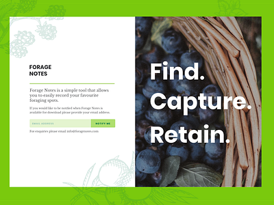 Holding Page Experiments app bold botanical branding forage green holding page styles typography ui website