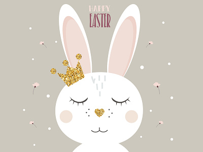 Easter bunny with glitter crown and nose bunny crown cute easter flower glitter gold grey pink rabbit vector