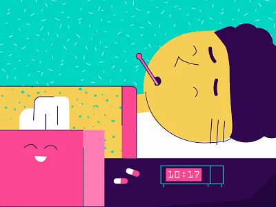 Sick Day alarm clock box character cold flat flu illness illustration pattern pills texture tissue