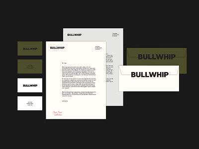 BULLWHIP branding business card collateral envelope letterhead logo mark script tractorbeam