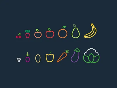 Ordered colour fruit icons order size vegetables