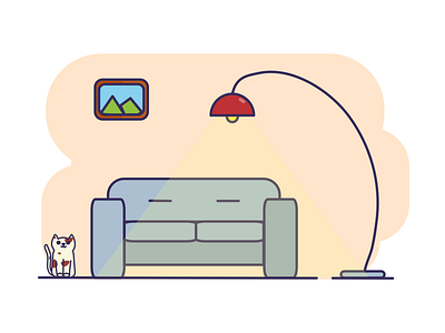 Grey Couch cat cosy couch grey illustration kitten lamp living minimal room soft
