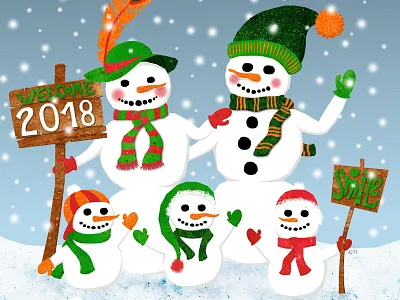 Welcome 2018! 2018 family illustration snow snowman winter