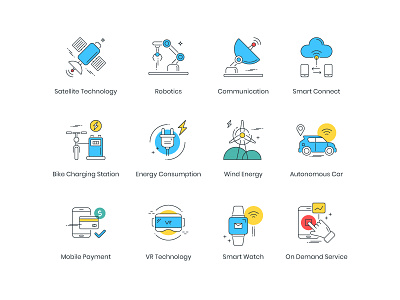 Smart Technology Icon Set autonomous car communication electric bike energy comsumption mobile payment robotics satellite smart connect smart watch technology vr technology wind energy