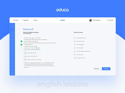 Educa app clean educa english exercise lessons minimal premium site steps ui ux