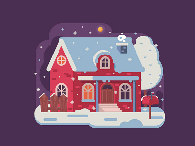 Rural Winter Night chalet cottage flat design home house night rural snow winter