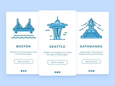 Travel App Onboarding app blue boston boudha clean daily ui challenge design flat illustration kathmandu minimal mobile nepal onboarding seattle tourism travel ui ux white