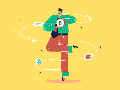 Bitcoin mining bitcoin businessman character circus computer illustration magic mining production purpose scheme vector