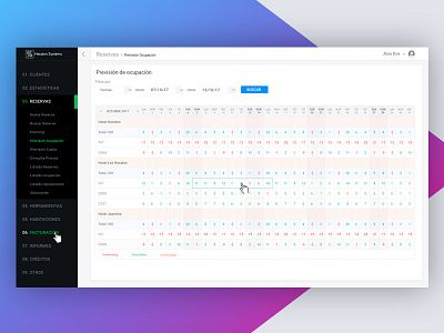 Hotel list occupancy crm filter hotel legend list numbers occupancy results schedule table ui user interface