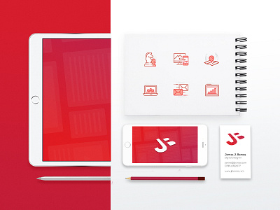 James Boross Rebrand bold brand branding clean digital icons identity logo monogram rebrand red stationery