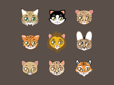 Icon set of cute feline portraits animal bobcat cat cheetah cougar cute feline jaguar leopard lion serval tiger