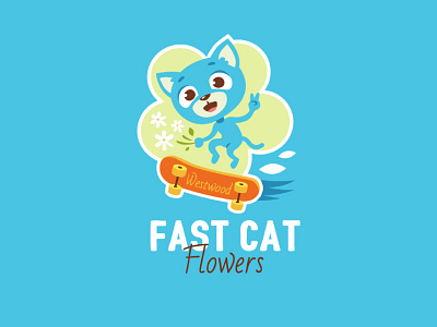 Fast Cat Flowers logo design blue branding cat fast flowers logo skateboard vector