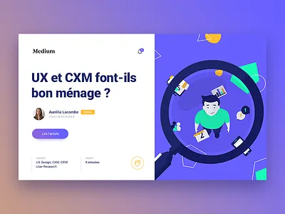 'A look on CXM' Medium post 🧐 coraline colasse gradient homepage illustration medium purple ui