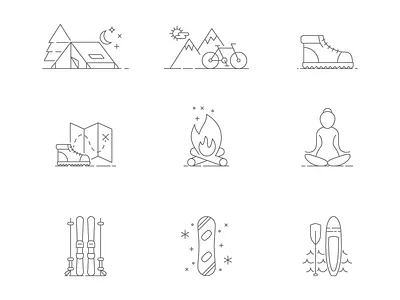 Camp Icons campfire camping hiking icon line icons mountain bike nature paddle board ski skiing snowboard yoga
