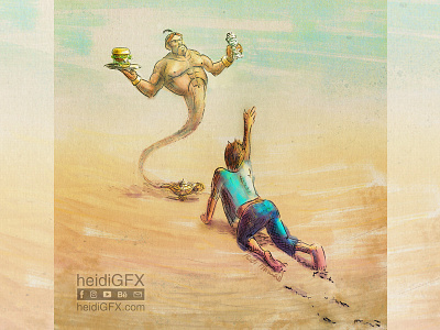 Lost in Desert Granted a Wish by a Genie aladdin genie lamp digital illustration digital painting found genie hungry illustration lost lost in a desert thirsty visual storytelling wishes