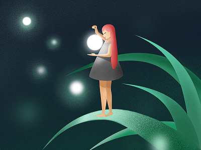 Light up the night girl grass illustration light night red