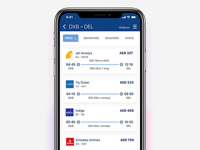 Search flight results app clean flights ios iphonex minimal results search search results travel ui ux