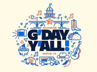 G'day Y'all armadillo austin australia bridge food truck guitar illustration music taco texas typography