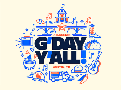 G'day Y'all armadillo austin australia bridge food truck guitar illustration music taco texas typography