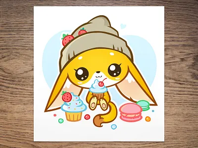Kawaii fennec illustration cartoon chibi cupcake fenech fennec fox illustration kawaii macaron strawberry vector