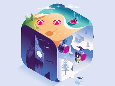 Travel dice beach city dice game holiday isometric ski travel vector