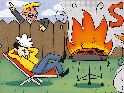 Smokin' bbq burger burn chef fence fire grill illustration man retro sleep vintage