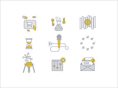 Pharmaceutical Icon set - 3 beaker capsule envelope flag graphs hourglass keys settings trolley