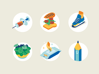 Men's Health icons health icon icons illustration isometric mens health patswerk sandwich shoe sneaker syringe vector