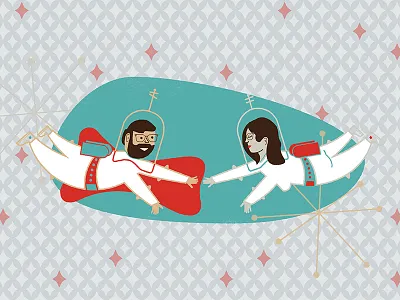 Astronauts 60s gift illustration mid century modern self portrait space race starburst