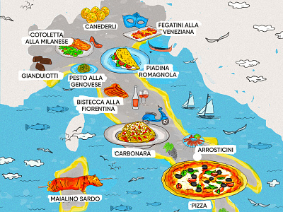 Food Map Illustration carbonara food gianduiotti illlustration italy map pasta pizza veneziana vespa