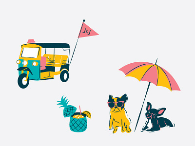 beach frenchie beach cocktail french bulldogs illustration summer thailand tuk tuk