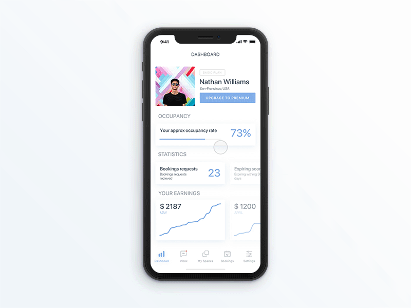 Rental app dashboard animation dashboard finance gif ios iphone x mobile app principle statistic ui user interface ux