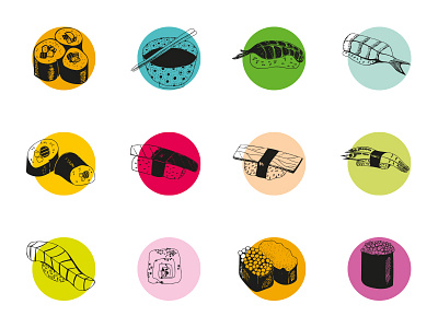 Sushi icons food hand drawn icons illustration pen and ink sushi