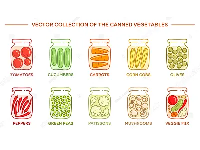 Pickled veggies canned flat greens icons line marinade pickled potted set vector vegetables veggies