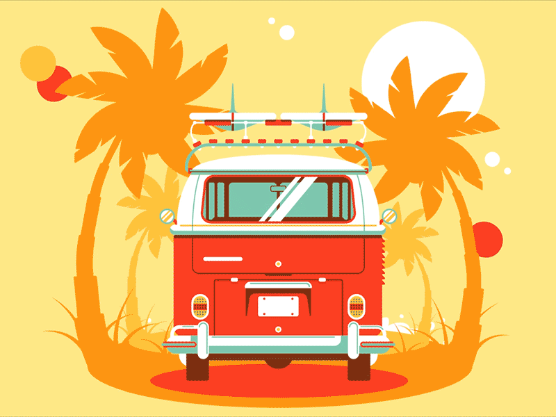 California Road Trip beach design illustration ocean sun surf surfboard trees van water wave