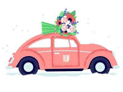 Season's Greetings bloom bouquet car christmas floral flowers holiday illustration snow vintage